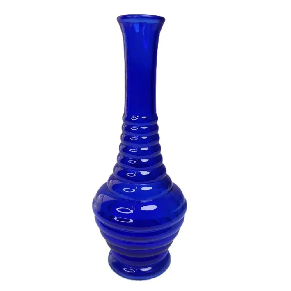 Vintage Cobalt Blue Mid-Century Modern Beehive Ribbed Glass Vase